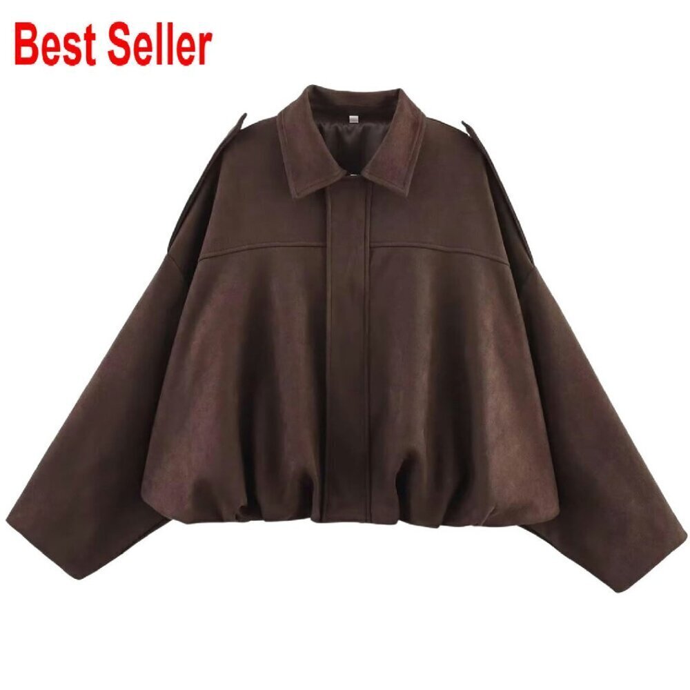 Oversized Faux Suede Bomber Jacket Cropped Lapel Streetwear Chic Y2K
